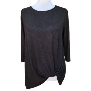 Gibson Black Knit Top Twist Hem High Neck 3/4 Sleeves Solid Classic
